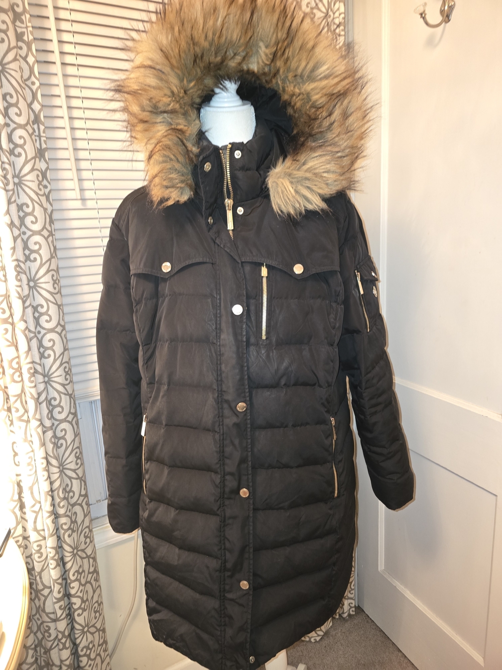 Michael Kors Black Quilted Long Puffer with Faux-Fur Trim Hood